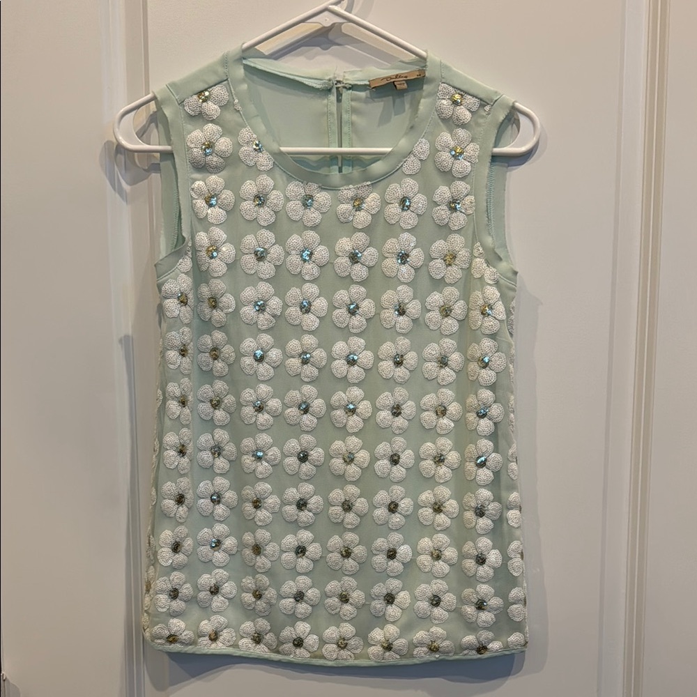 Embellished Green Sleeveless Blouse with Floral Texture Sequins